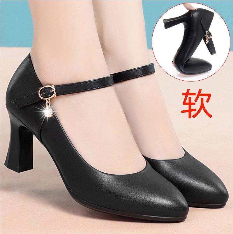 Autumn Women Fashion Sweet Comfort Buckle Strap Square Heel Pumps Casual Black Leather Office High Heel Shoes