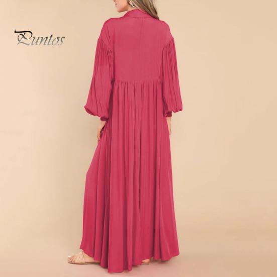 Осень-весна женское платье трапециевидной формы с отложным воротником, большие качели, плиссированные длинные рукава, однотонное однобортное свободное лоскутное платье макси