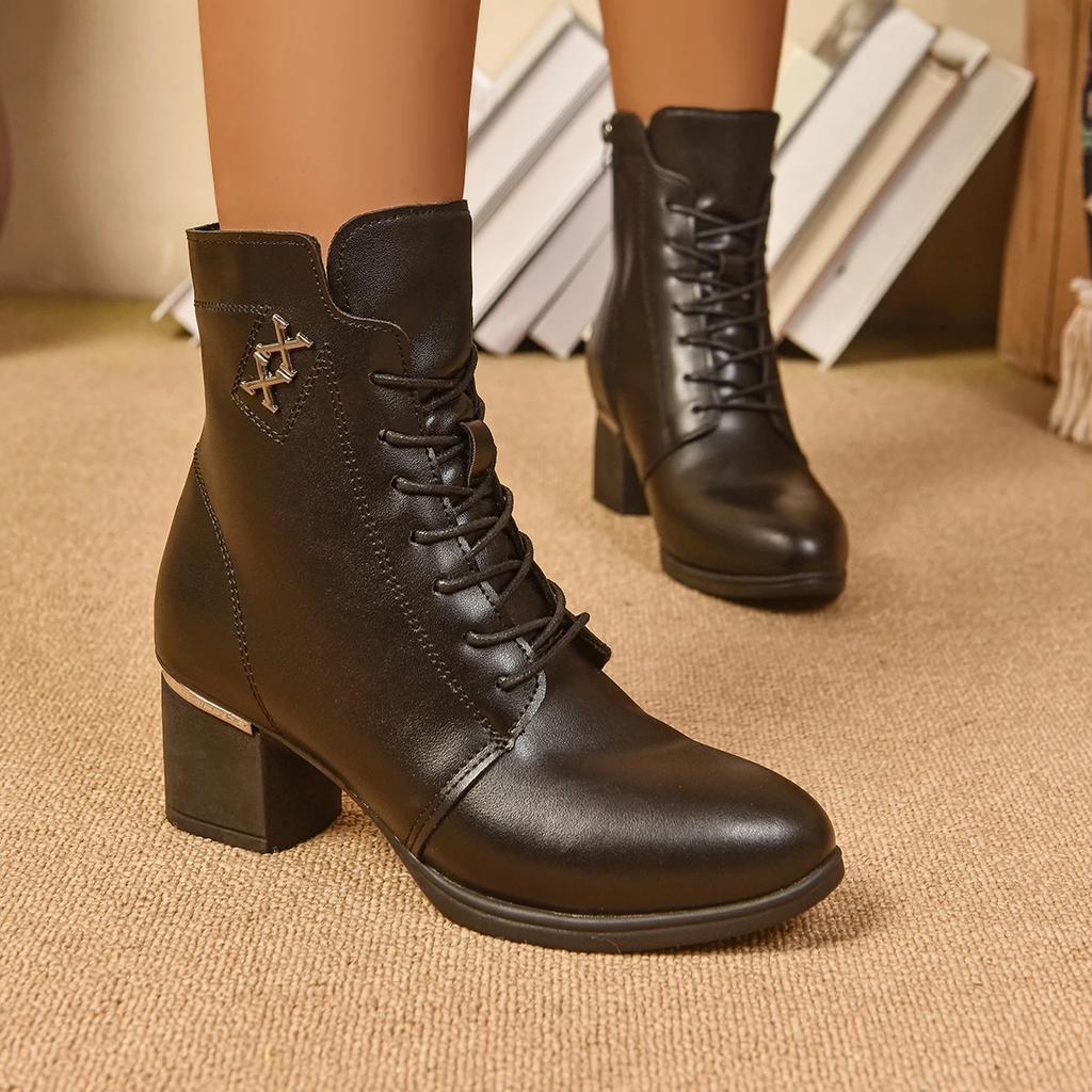 Sexy Metal Decoration Solid Black Pu Boots Women Pointed Toe High Heel Side Zipper Ankle Boots Fashion Warm Short Plush Shoes