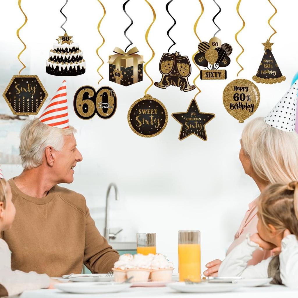 Happy 60th Birthday Hanging Swirls Streams Ceiling Decorations,Celebration Old Black and Gold Birthday Party Decorations Supplies 60 Foil Hanging