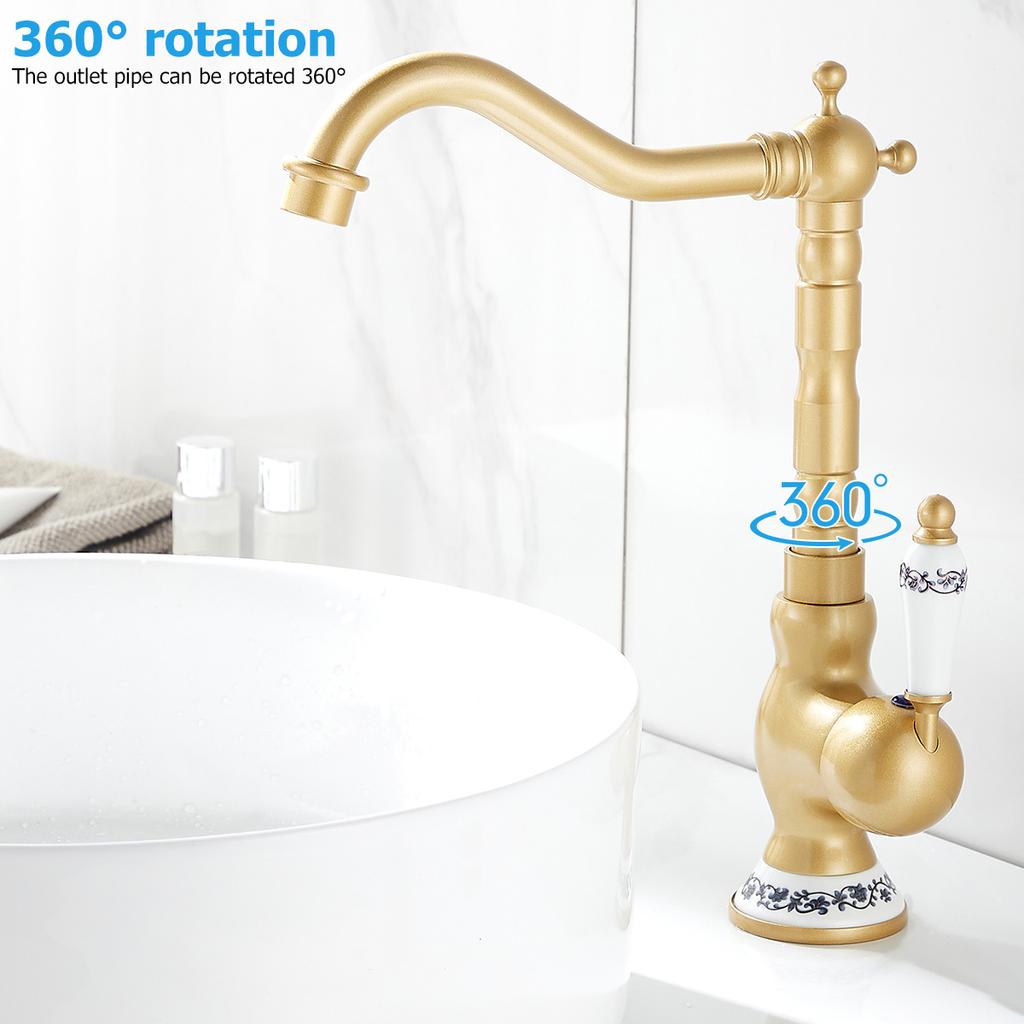 Antique Faucet Brass Single Ceramic Lever 360 Rotatable Basin Vessel Sink Tap Retro Bathroom Kitchen Hot Cold Water Mixer