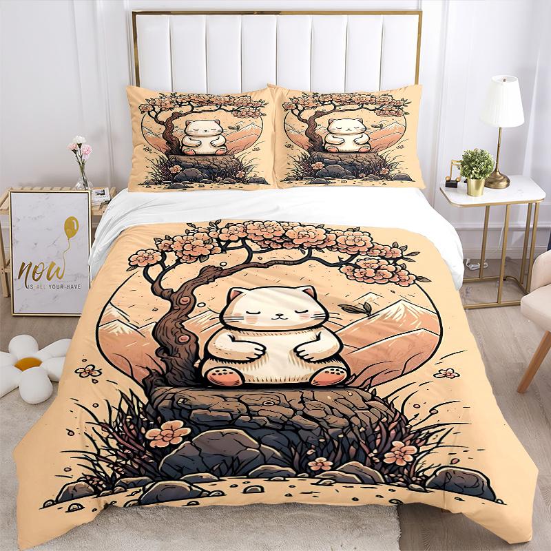 3pcs Japanese Lucky Cat Design Quilt Cover Set (1 Quilt Cover + 2 Pillowcases Without Pillow Core), High-Definition Printing for Home and Dormito