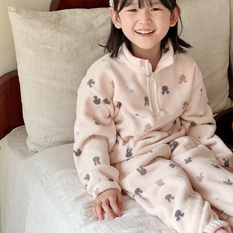 Children's Pajamas Suits for Boys and Girls In Autumn and Winter Plus Velvet Thickened Models, Big Children's Zipper Stand-up Collar Home Service
