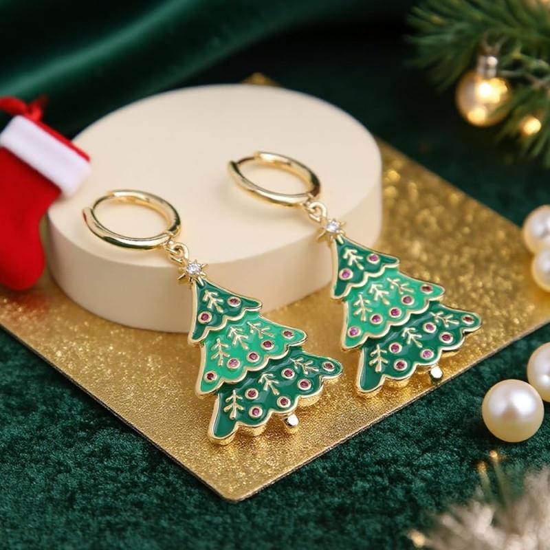 Green Enamel Fresh Christmas Tree Drop Earrings with Shiny Cubic Zirconia Women Festival Gold Color Novel Chic Jewelry earrings