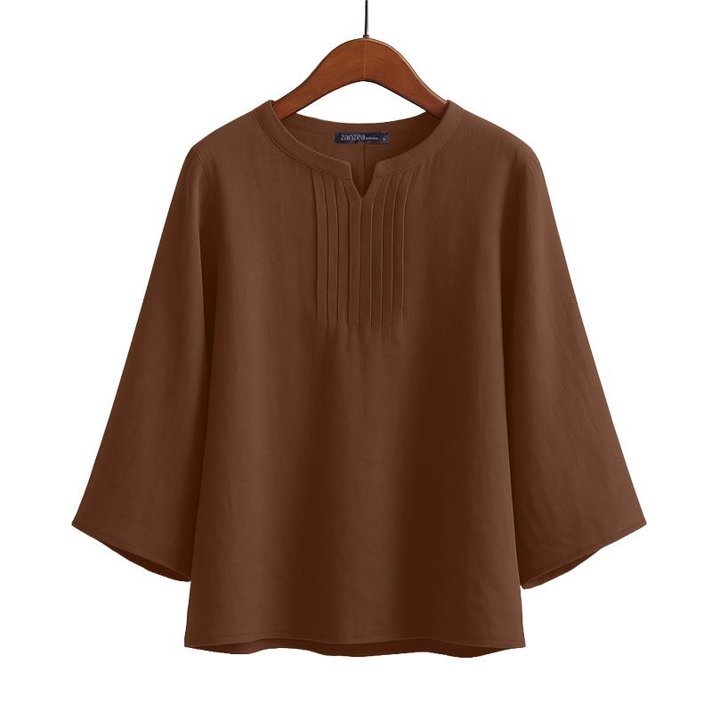 ZANZEA Women Casual V-Neck Solid Color Loose 3/4 Sleeve Blouse