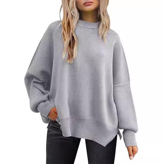 Women's Chunky Knit Loose Batwing Sweater - Autumn & Winter Round Neck, Long Sleeve, Solid Color, Side Slits, European Size, Lazy Style