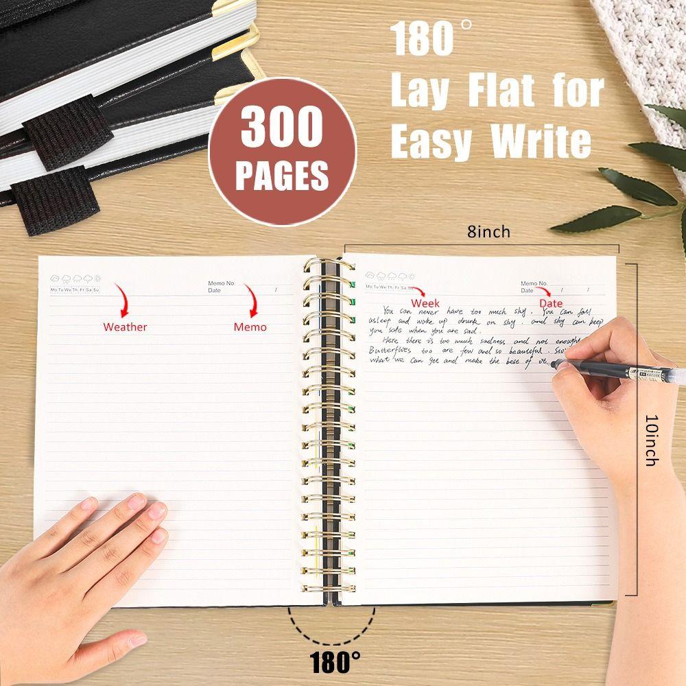 300 Pages PU Leather Notebook Smooth Writing Thick Paper Twin Coil Binding Metal Binding 360° Folding Paper Journal