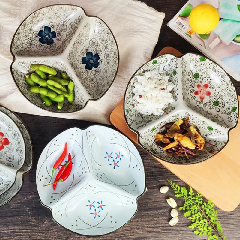 Разделительная тарелка в японском стиле, керамическая бытовая посуда для фруктовых салатов, многосекционная посуда для похудения, обеденная тарелка для быстрого питания, 1 шт.