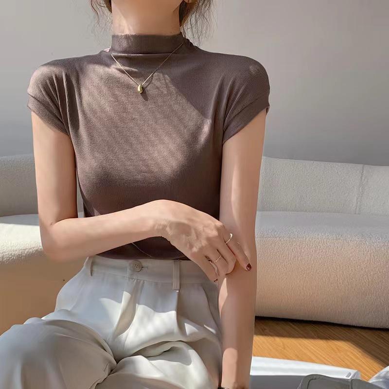 2025 Женская облегающая повседневная футболка с коротким рукавом и высоким воротником
