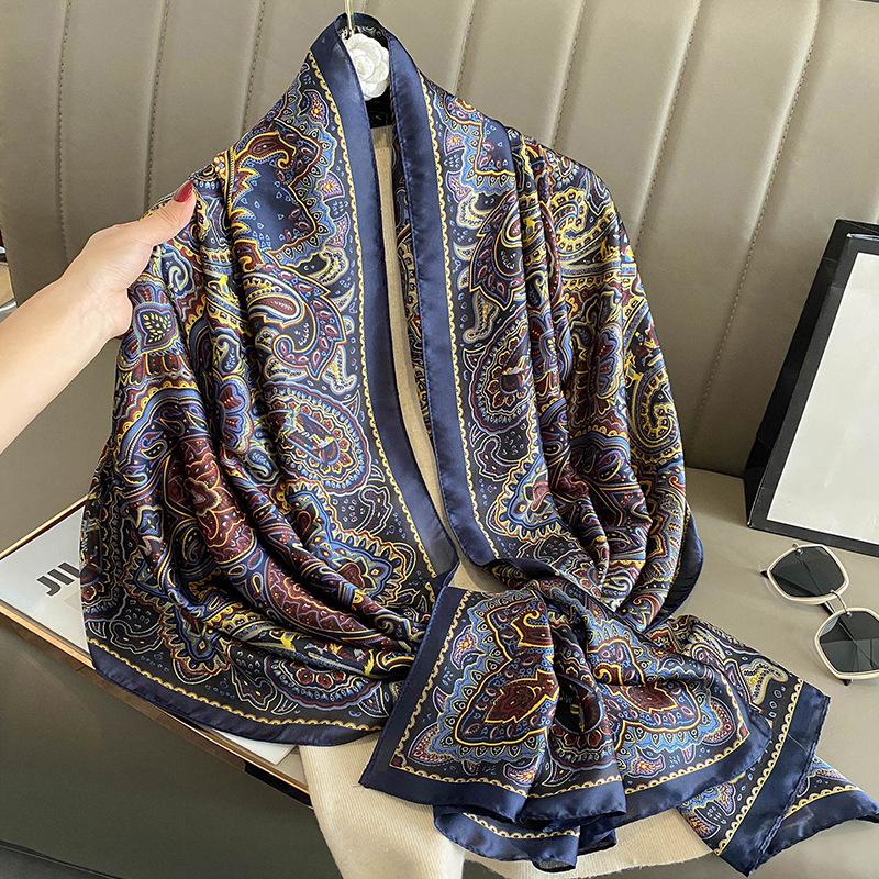 Long Silk-feeling Scarf Korean Style Printed Fashionable Shawl Retro Pattern Luxury Women's Headscarf Gifts for Lady 90*180cm