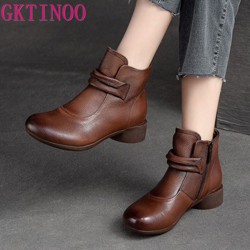 Модные женские ботинки GKTINOO 3 см из натуральной коровьей кожи, натуральные, удобные, весенне-осенние, ботильоны до щиколотки, полусапожки, мокасины, лоферы, мягкая обувь