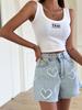 Women's Jeans Shorts Blue Cute Raw Edge Heart Pattern High Waist Fashion Denim Hot Pants Summer Y2k Clothing