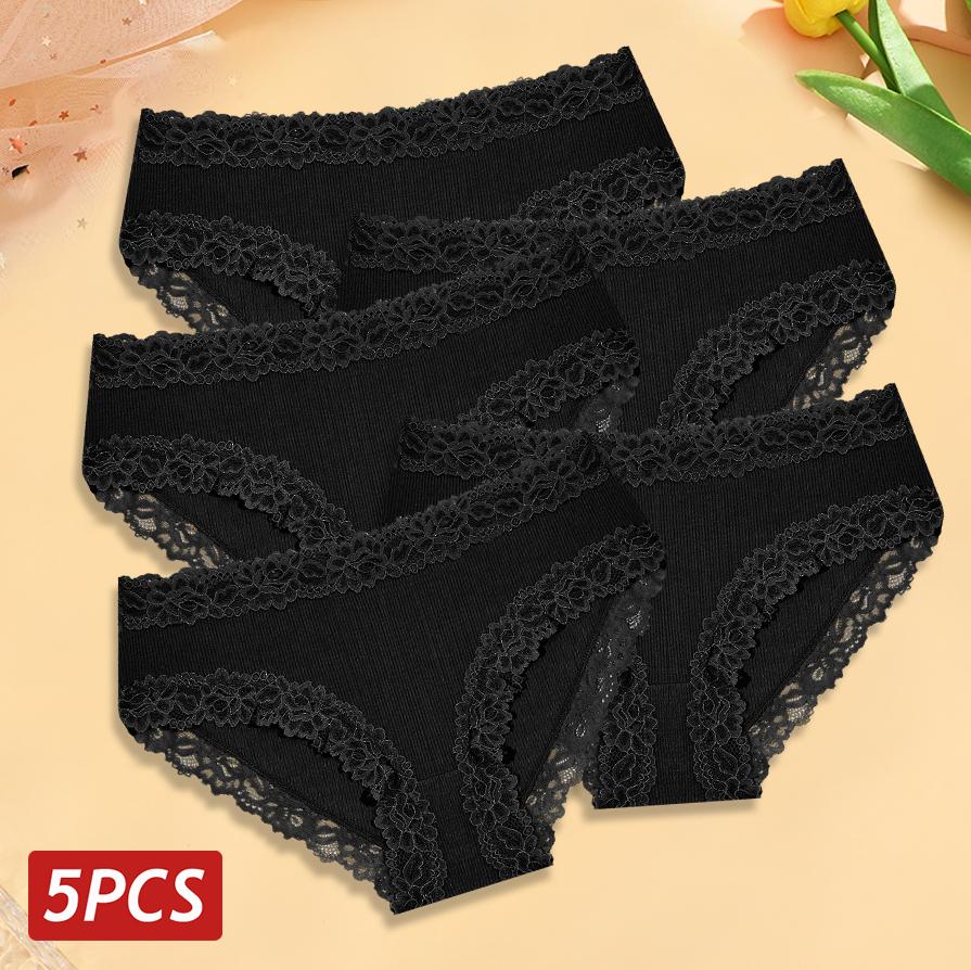 5PCS Cotton Panties Women Floral Lace Briefs Seamless Sexy Lingerie Low Rise Elastic Underpant Female Breathable Soft Underwear