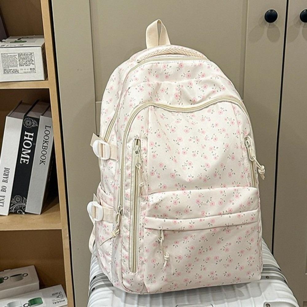 Large Capacity Bow Pattern School Bag Multi-compartment Rucksack Floral Print Backpack Travel