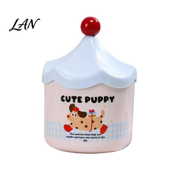 Bedroom Trash Can Desktop with Flip-top Lid, Macaron Colors Castle Roof Shape, Small Countertop Bin Decorative Mini Storage for Office Desk