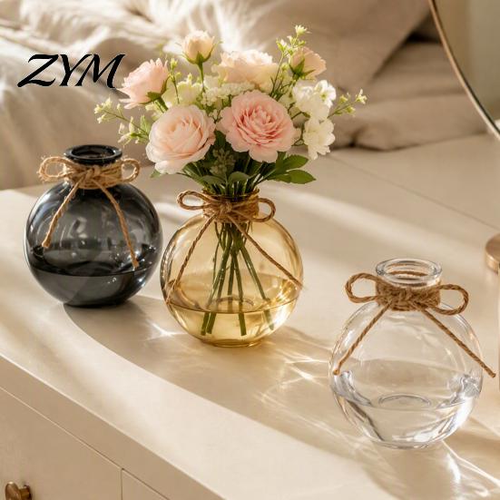 Artistic Home Decor Vase Clear Round Resin Vase, Transparent Sphere Flower Pot with Jute Modern Minimalist Hydroponic Bow, Plastic Planter for Plants,