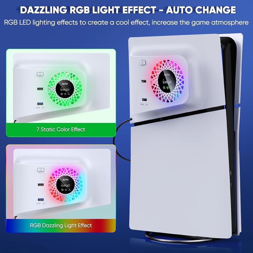 Вентилятор охлаждения RGB с защитной пластиной для PS5 Slim Digital/Disc, автоматическая регулировка скорости с помощью датчика температуры, 3 ручных скорости вентилятора и концентраторы USB3.0, система охлаждения