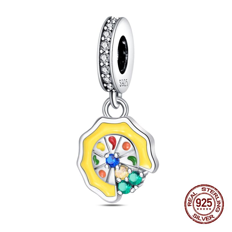 Real 925 Sterling Silver Chocolate Pizza Cake Fries Food Charms Beads Fit 925 Original Bracelets DIY Cute Jewelry Gifts