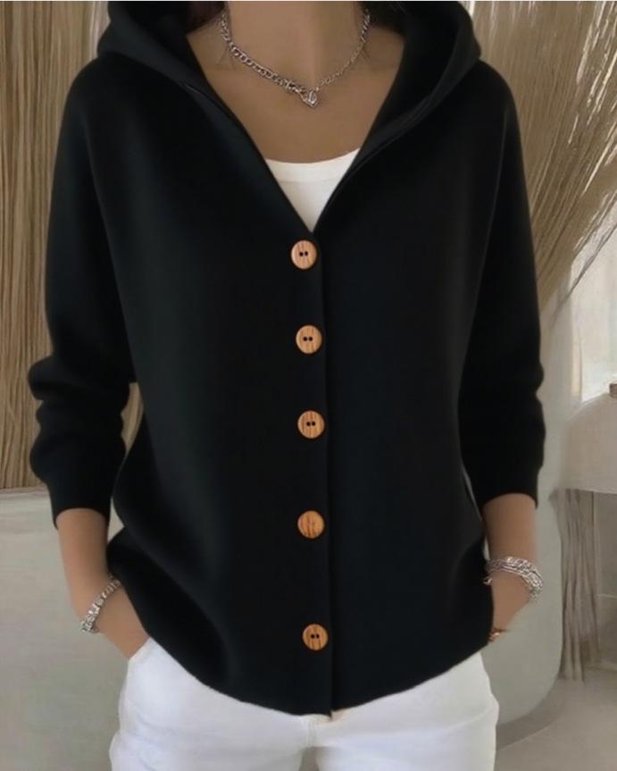 2025 Women’s Solid Color Button Knit Hooded Cardigan Sweater - Casual Fashion for Autumn & Winter