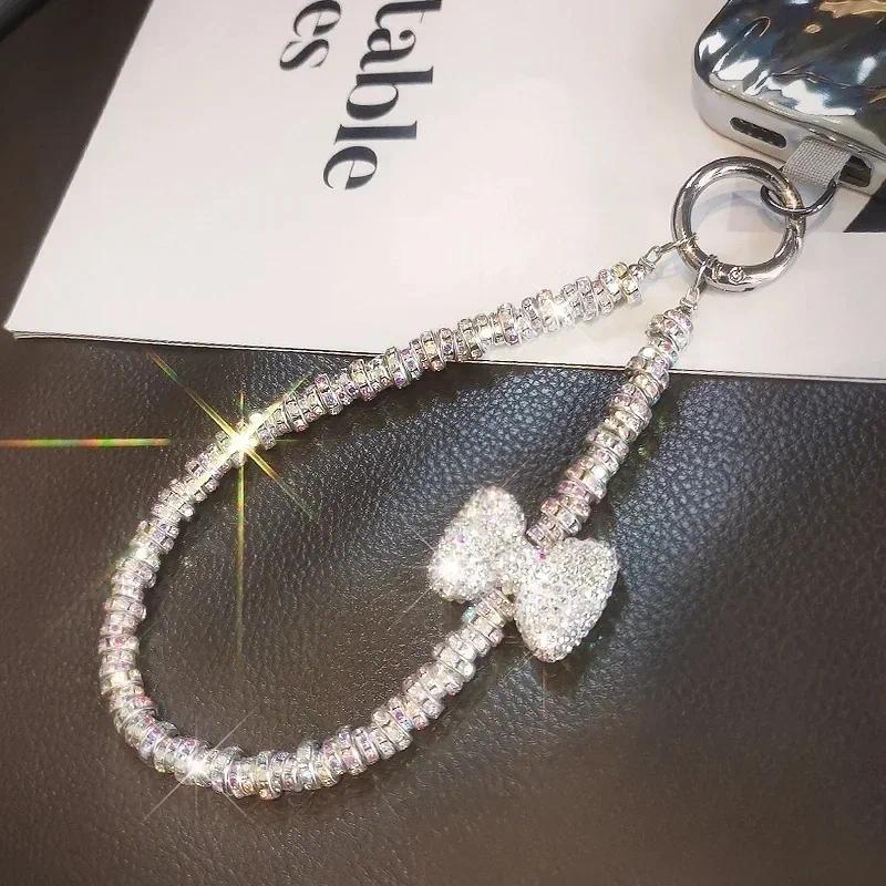 Short Diamond Studded Bow Mobile Phone Lanyard Wristband Shiny Lanyard IPhone 16 Case Key Universal Rope Bag Body KitJewelry