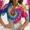Women Casual Short Sleeve Button Up Shirt Rainbow Spiral Tie Dye Print Turn Down Collar Loose Summer Daily Vacation Blouse