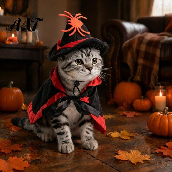 Festive Pet Cloak And Hat Set 1 Halloween Cat Witch Costume, Black Cape Wizard Hat, Moon Adjustable Star Pointed for Cats Small Medium