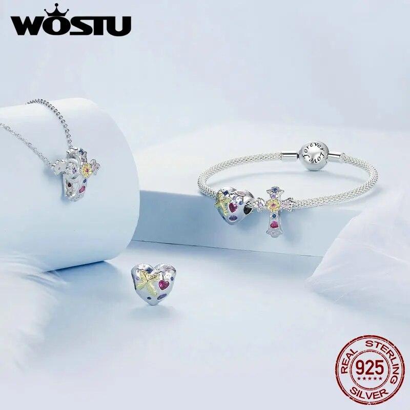WOSTU 925 Sterling Silver Mother's Day Gold Charm Heart Wing Pendant Cross Tree Stopper Beads Fit Original Bracelet Guard Gift