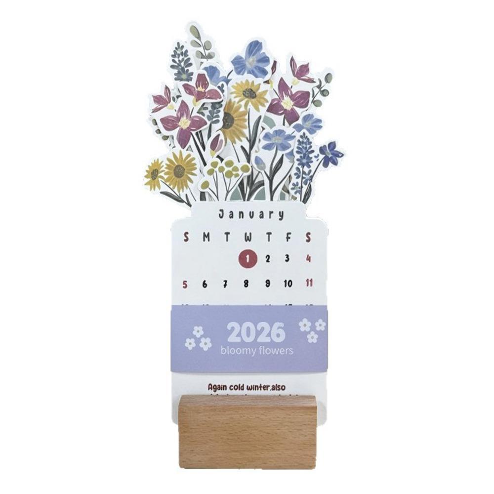 Detachable Base Bloomy Flowers Desk Calendar Wooden Base Monthly Planner for Table Desk Decor