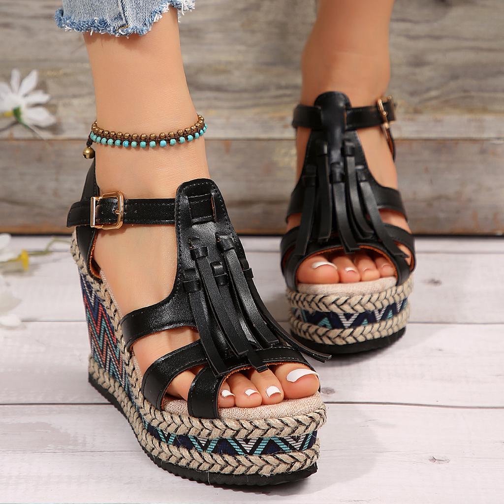 Thick Bottom Tassel Gladiator Sandals for Women Summer Ankle Strap Wedge Heels Sandals Woman Goth Chunky Platform Sandalias