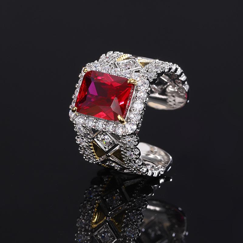 Ring European and American square colored zircon pink zirconium ring red corundum jewelry women's fashion sense high