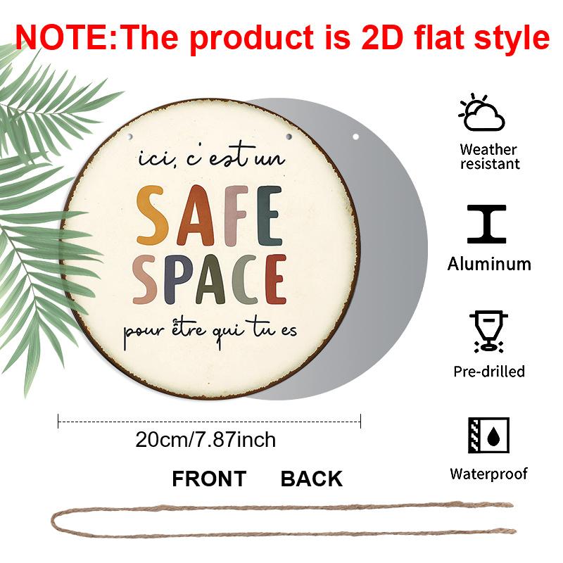 2D Flat, 1pc French-Inspired "Safe Space" Bilingual English/French Aluminum Wall Plaque - 7.87-Inch Round Vintage Sign for Home, Office, Cafe