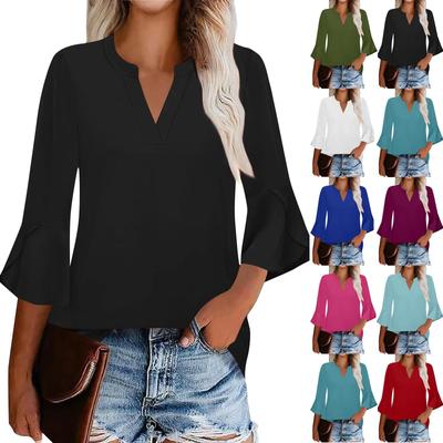 Женская рабочая рубашка с плиссировкой и рукавом 3/4, рубашка с V-образным вырезом, повседневная рубашка с завязками на талии, деловая рубашка