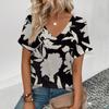 Women's Large Size Short Sleeve V-neck T-Shirt Fashion Flower Pattern Print T-Shirt Summer Casual Women's Short Sleeved T-Shirt