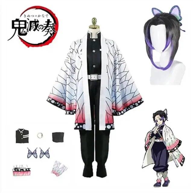 Anime Demon Slayer Kimetsu Geen Yaiba Kochou Shinobu Cosplay Kostuum Pruik Set Kimono Uniform Halloween Anime Kostuums Voor Kid