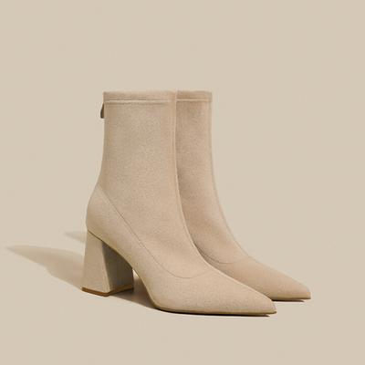 Осенние женские эластичные ботильоны до щиколотки с острым носком и толстым каблуком, модные, облегающие, женские короткие ботильоны