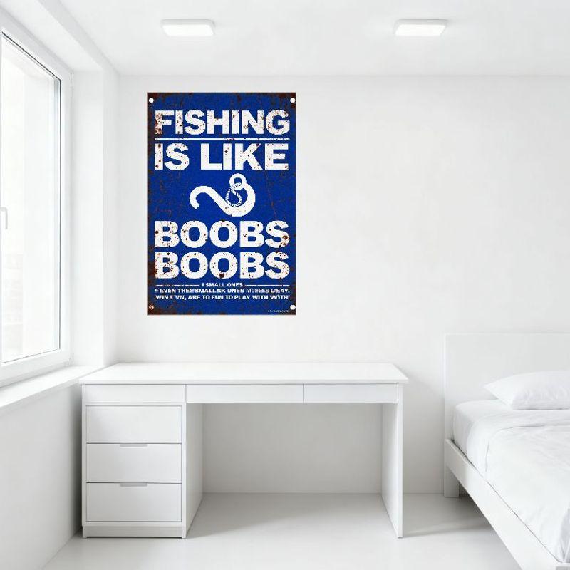 Vintage Rustic Fishing Metal Tin Sign with 'FISHING IS LIKE BOOBS' Double Entendre Text - Funny Fishing Decor for Man Cave Bar C