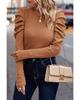 Chestnut Solid Color Textured Buttoned Gigot Sleeve Top