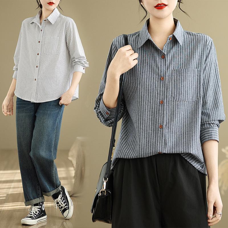 Весенняя художественная свободная рубашка с полосатым лацканом и длинными рукавами, женская рубашка, топ, блузки и рубашки
