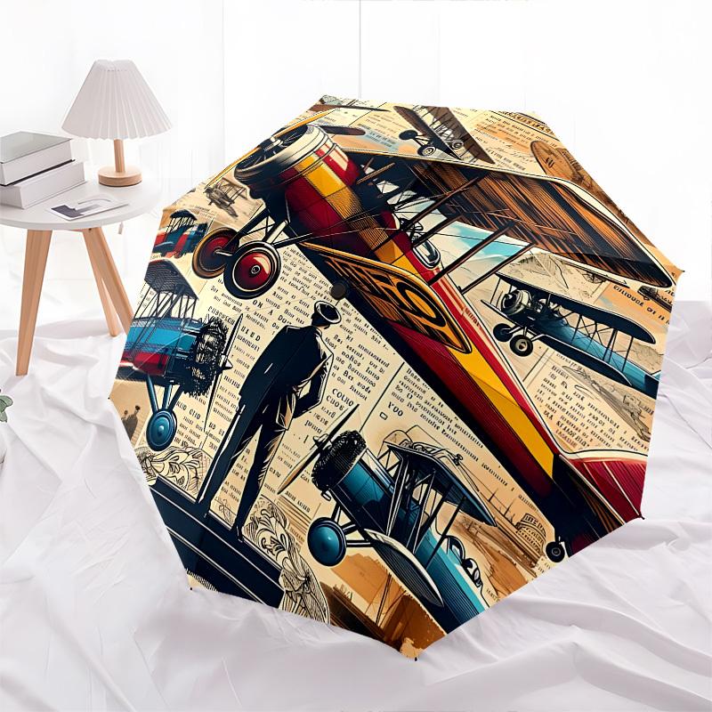 Aircraft, Aviation Themed Automatic Opening and Closing Umbrella, Brightly Colored 8-rib Portable Umbrella, Suitable for Men and Women, A Pe