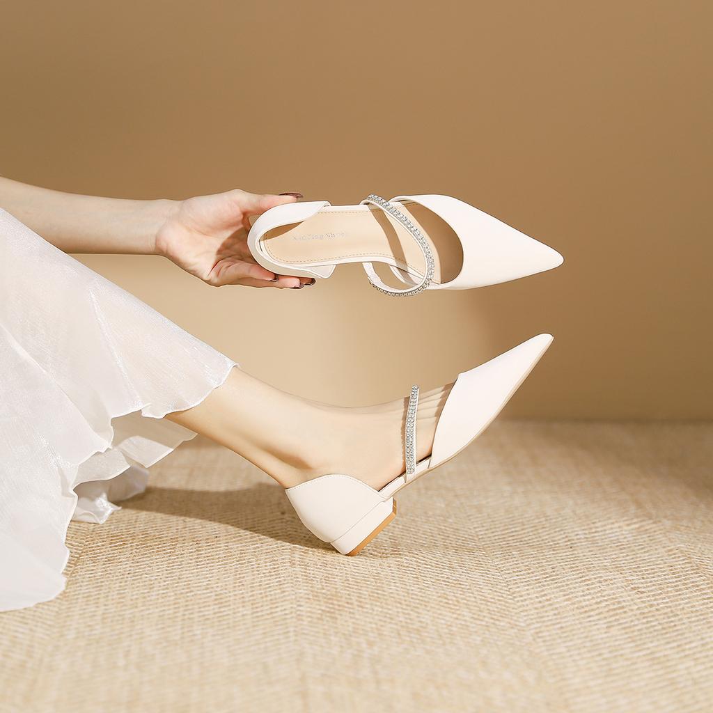 238-1 French Pointed Hollow Low-heeled Single Shoes, New Xiaoxiangfeng Word with Rhinestone Chain Flat-soled Single Shoes Women