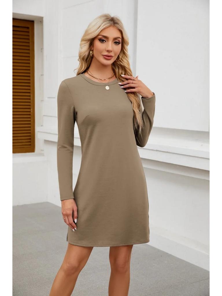 Женская толстовка с круглым вырезом и разрезом по низу, повседневное платье с длинными рукавами