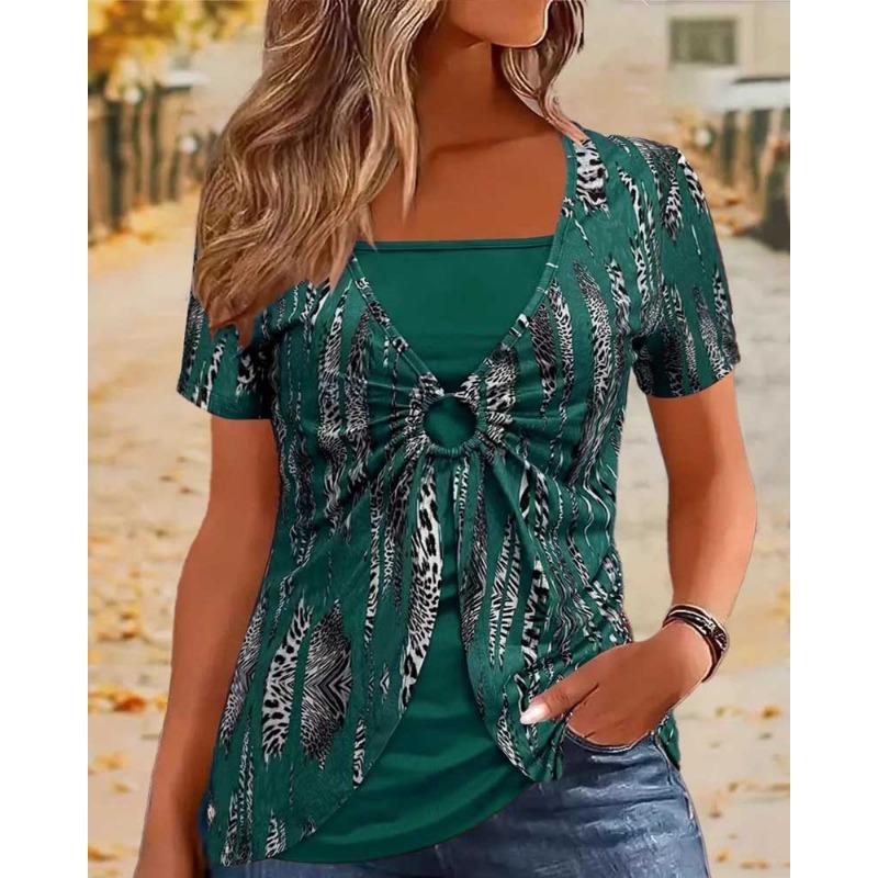 Женская новая поддельная двухсекционная круглая этническая принтованная повседневная с короткими рукавами