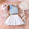 Повседневный костюм для девочек Летний детский модный топ с бантом и белая плиссированная юбка костюм
