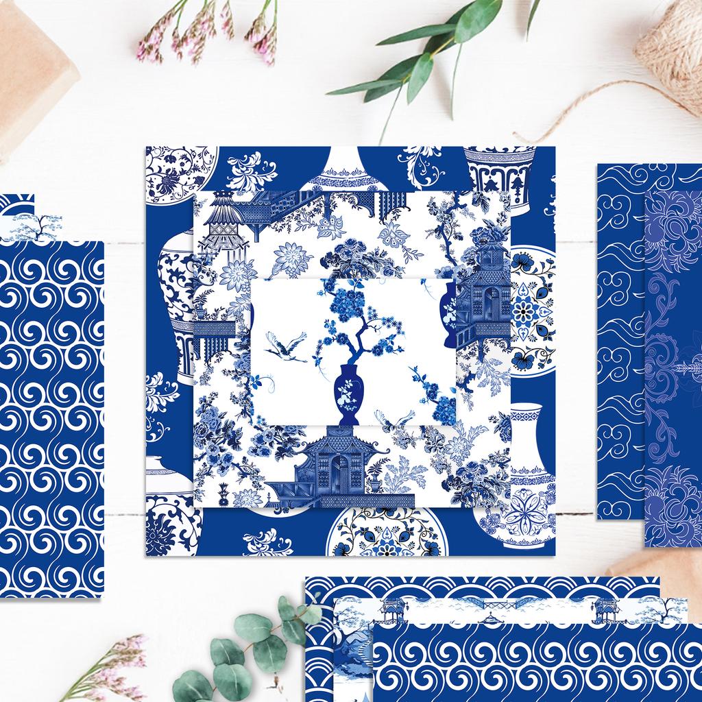 24pcs Blue White Porcelain Scrapbooking Material Paper Pads Vintage Chinese Ink Pattern Backdrop Decorative Origami Paper Crafts