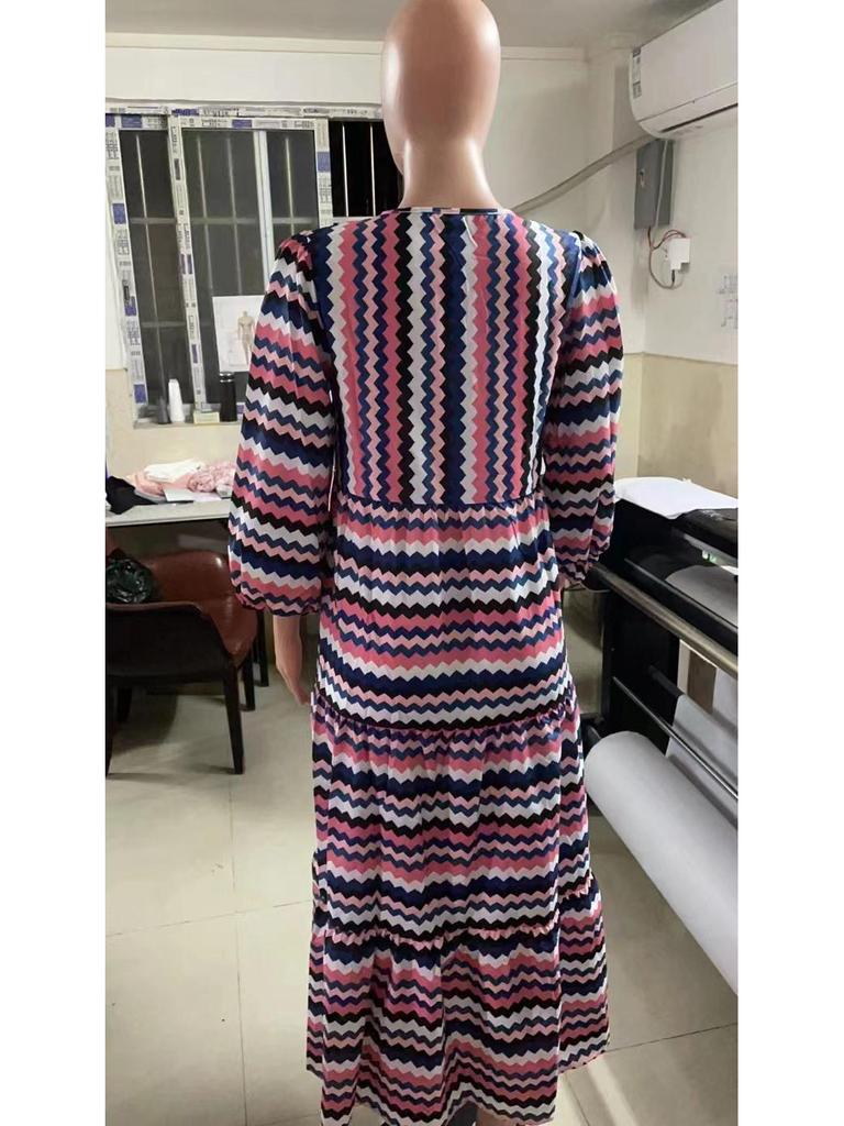 Летнее трендовое платье с геометрическим узором и рукавами-фонариками 2022 года, женская мода больших размеров.