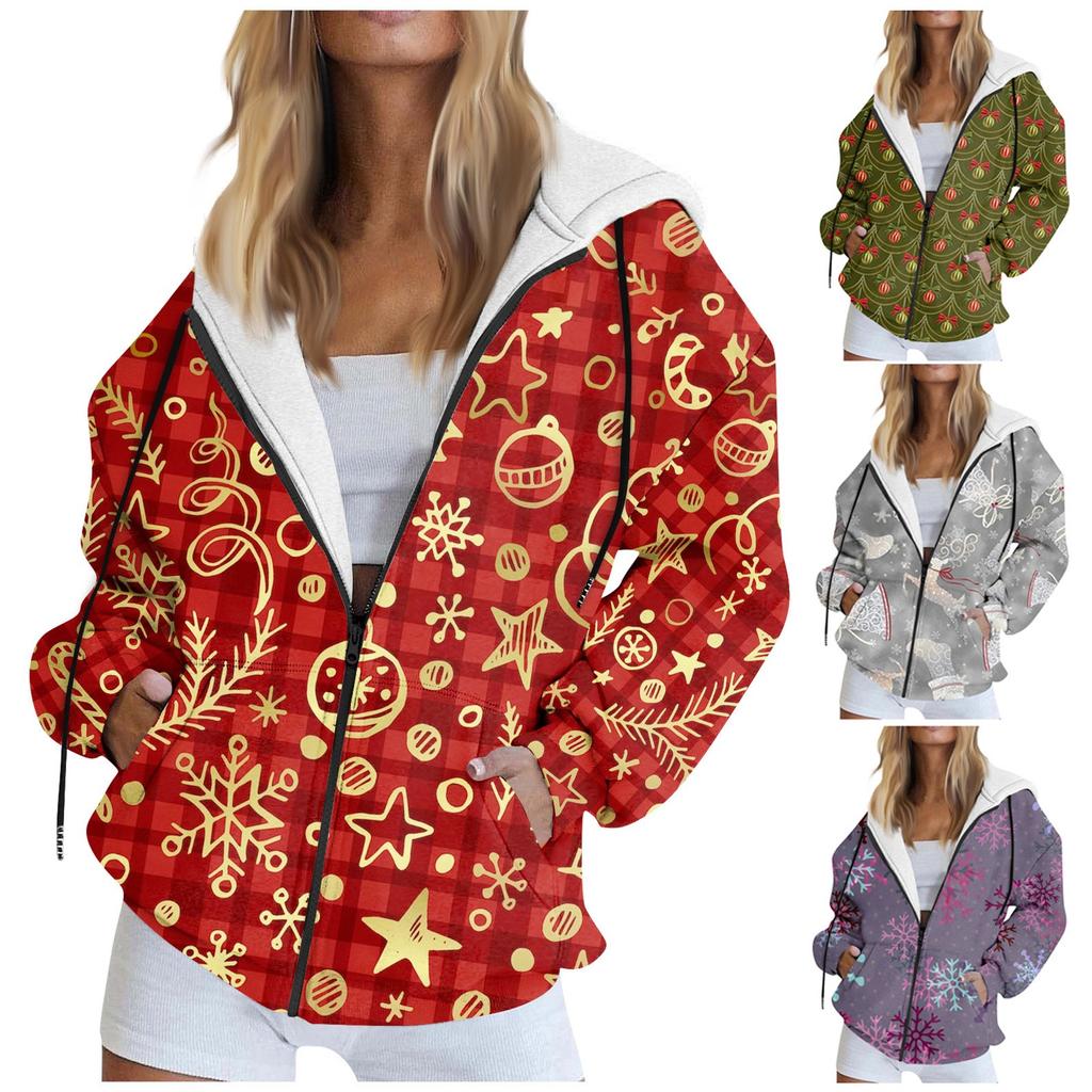 Женские толстовки на молнии для девочек-подростков, рождественский свитшот с принтом, одежда, повседневная куртка на шнурке с карманами