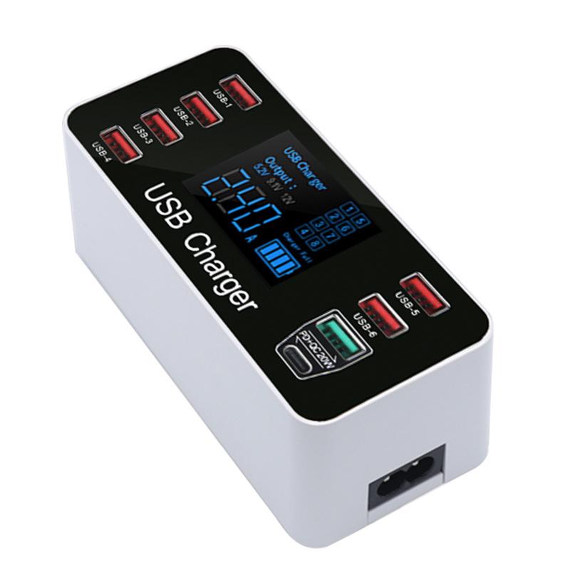 8-портовое USB-зарядное устройство QC3.0 Быстрая зарядка с умным дисплеем и PD20W для телефонов и планшетов