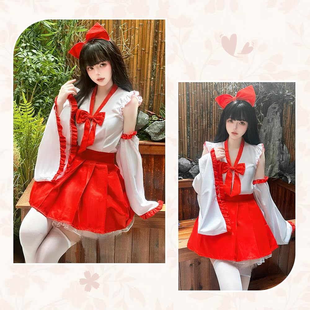 Косплей святыни Красный Белый x Красный Демон Лисица святыни Цельный японский стиль кимоно Лолита оборка повседневный костюм на Хэллоуин милый костюм