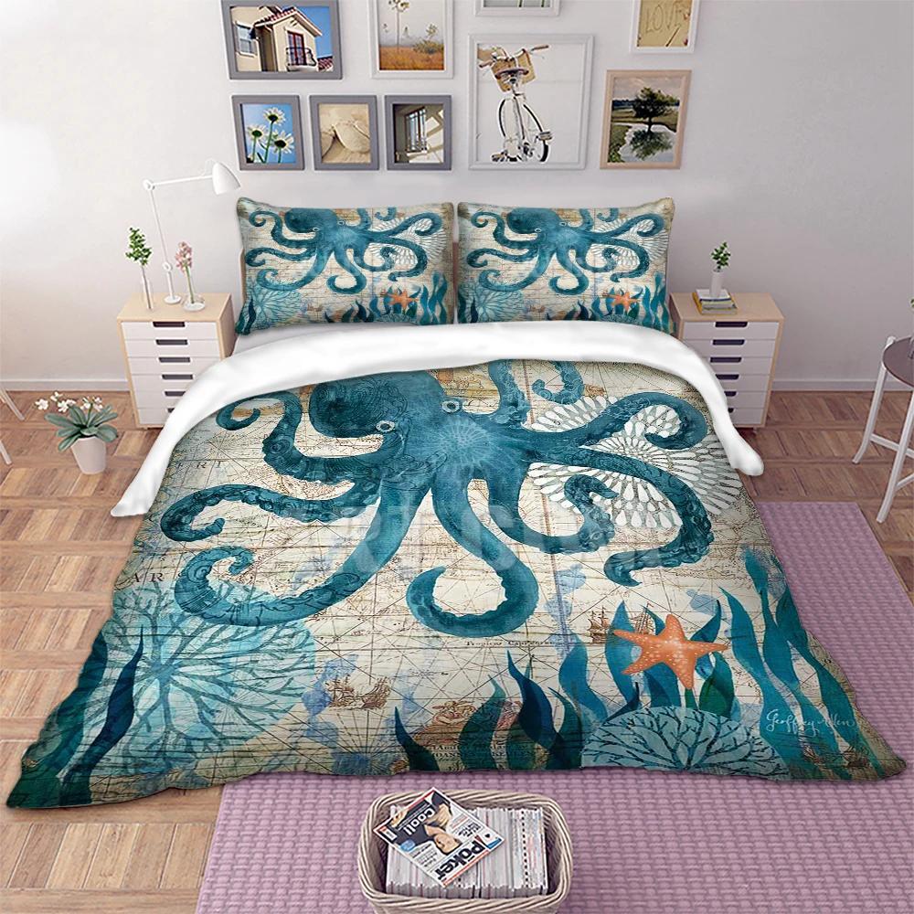 3D Starfish,Seaweed Duvet Cover+pillow Case Print Octopus Winter Home Bedding Set King Size Breathable Quilt Cover Set Blue AQ