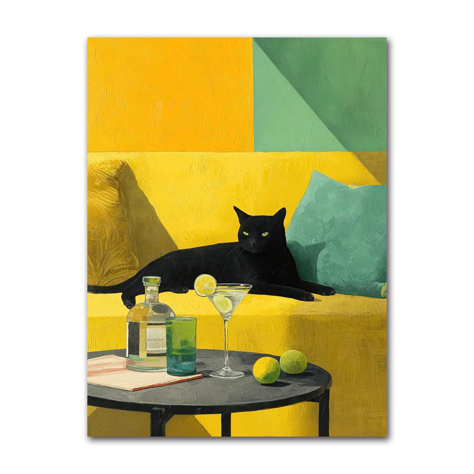 Cat with Cocktail Smoking Poster Canvas Painting Print Wall Art for Living Room Home Decor More Spaghetti, Less Upsetti Black